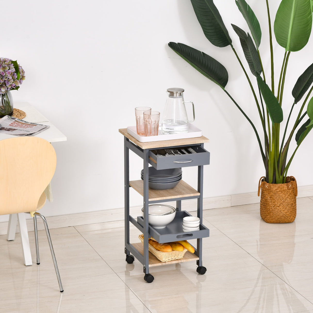easycomfort easycomfort carrello da cucina portavivande con cassetto 2 ripiani e vassoio estraibile 37x37x76cm grigio