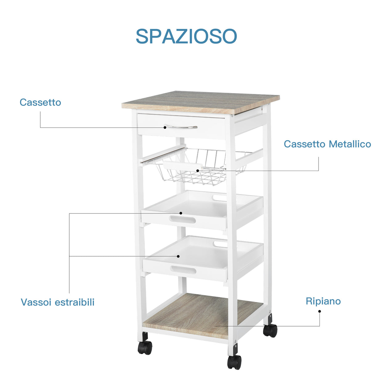 easycomfort easycomfort carrello da cucina salvaspazio in legno bianco con 4 ruote 37x37x82cm ean 8054111844161