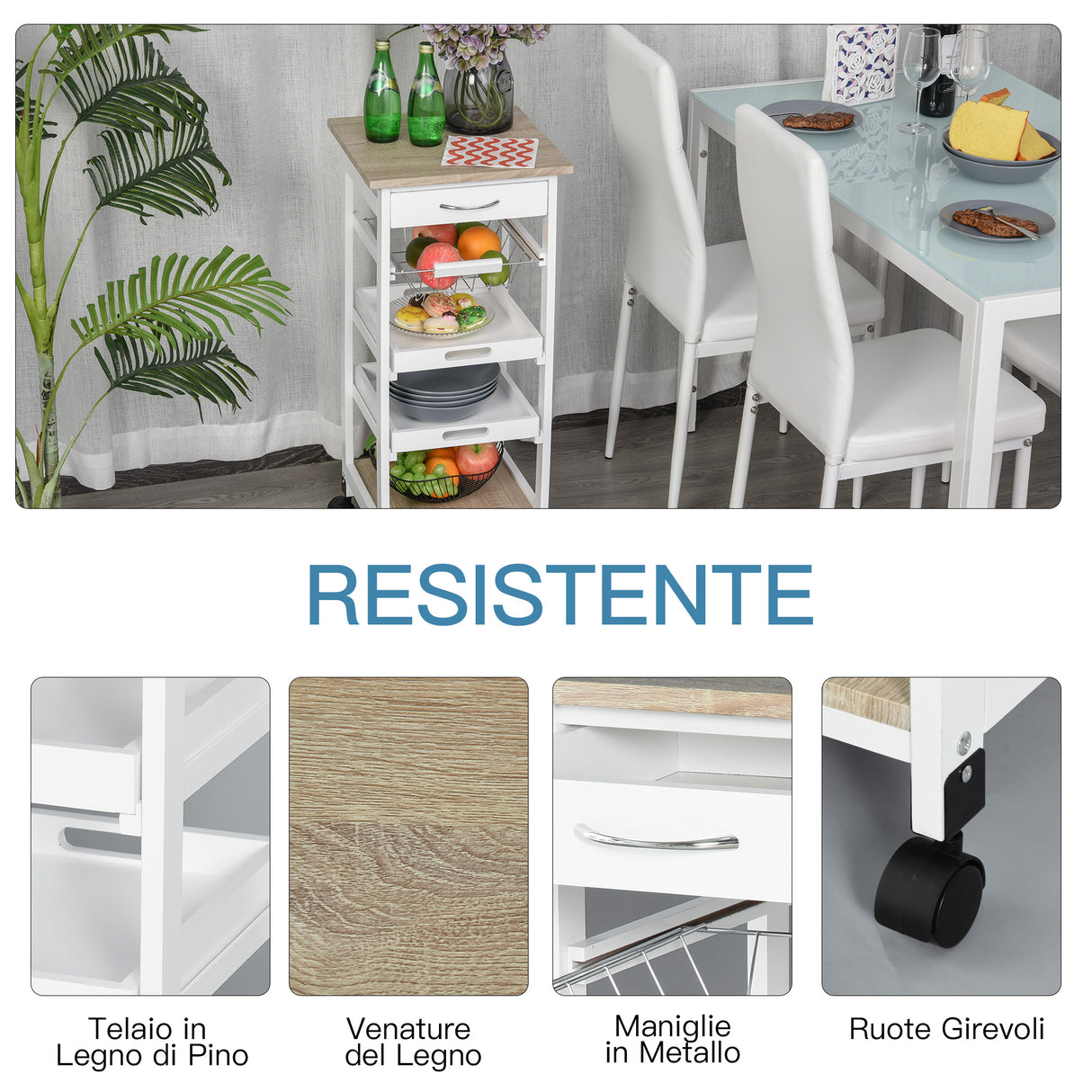 easycomfort easycomfort carrello da cucina salvaspazio in legno bianco con 4 ruote 37x37x82cm ean 8054111844161