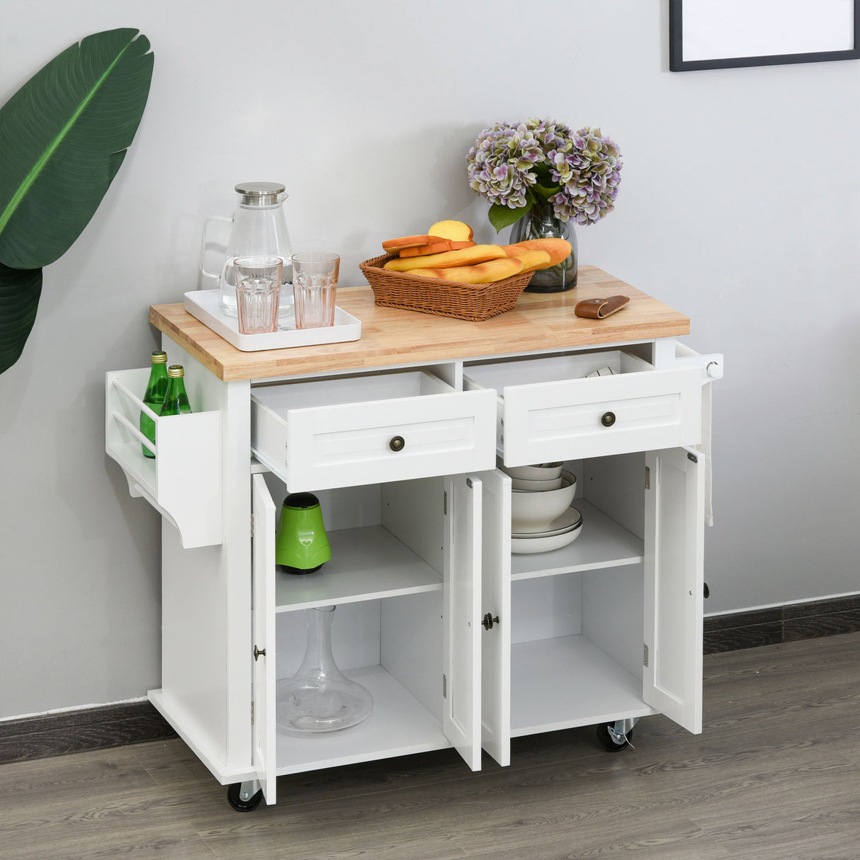 easycomfort easycomfort carrello da cucina portavivande con cassetti e portaspezie in legno 111x44.5x82.5cm bianco