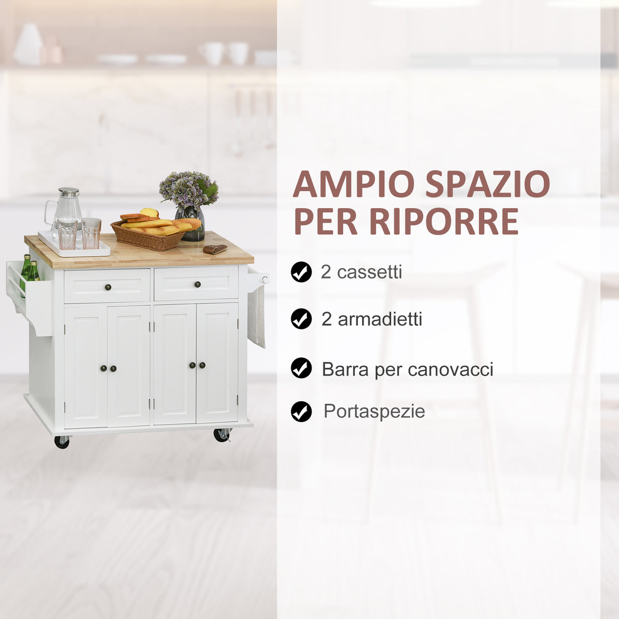 easycomfort easycomfort carrello da cucina portavivande con cassetti e portaspezie in legno 111x44.5x82.5cm bianco