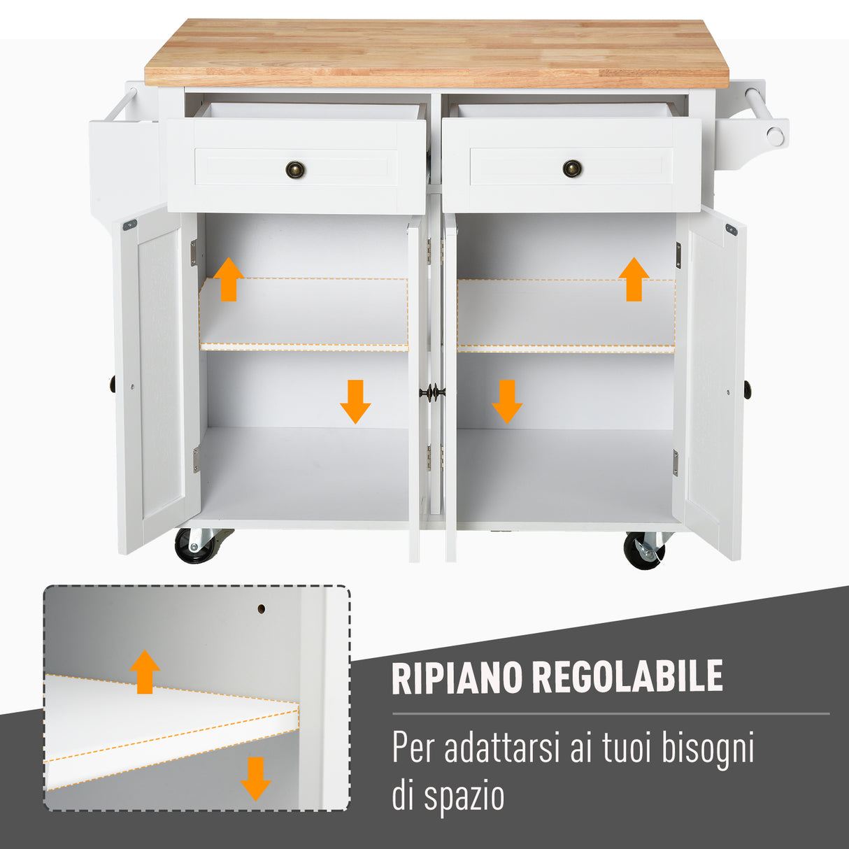easycomfort easycomfort carrello da cucina portavivande con cassetti e portaspezie in legno 111x44.5x82.5cm bianco