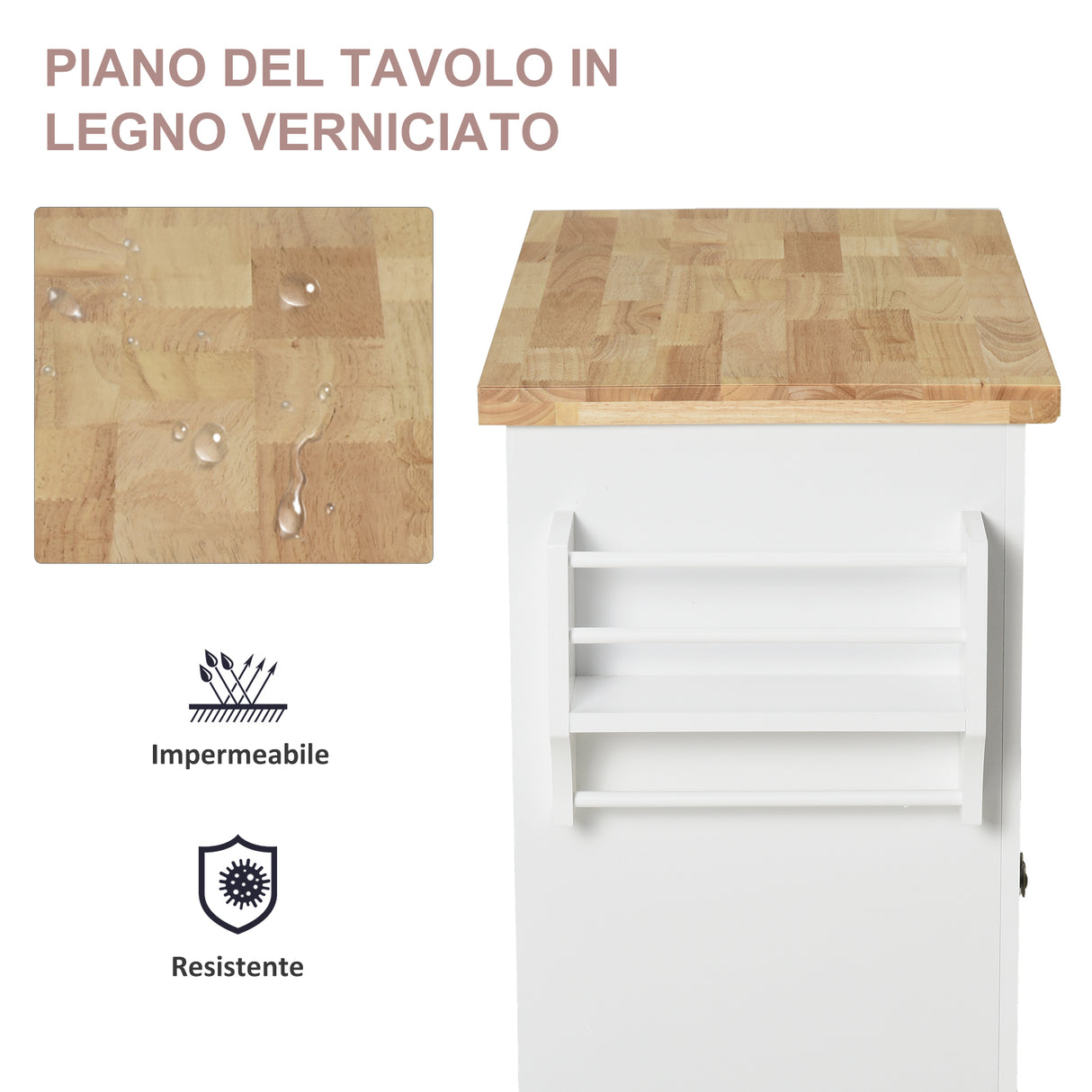 easycomfort easycomfort carrello da cucina portavivande con cassetti e portaspezie in legno 111x44.5x82.5cm bianco