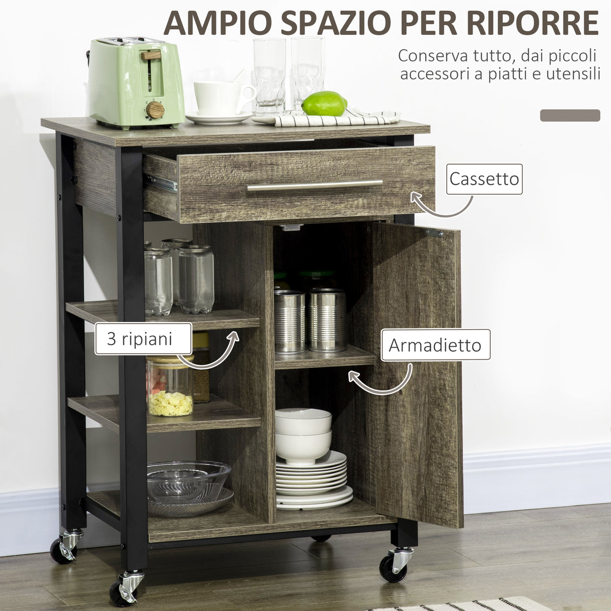easycomfort easycomfort carrello da cucina portavivande con ruote legno truciolato 60x50x84.5cm marrone