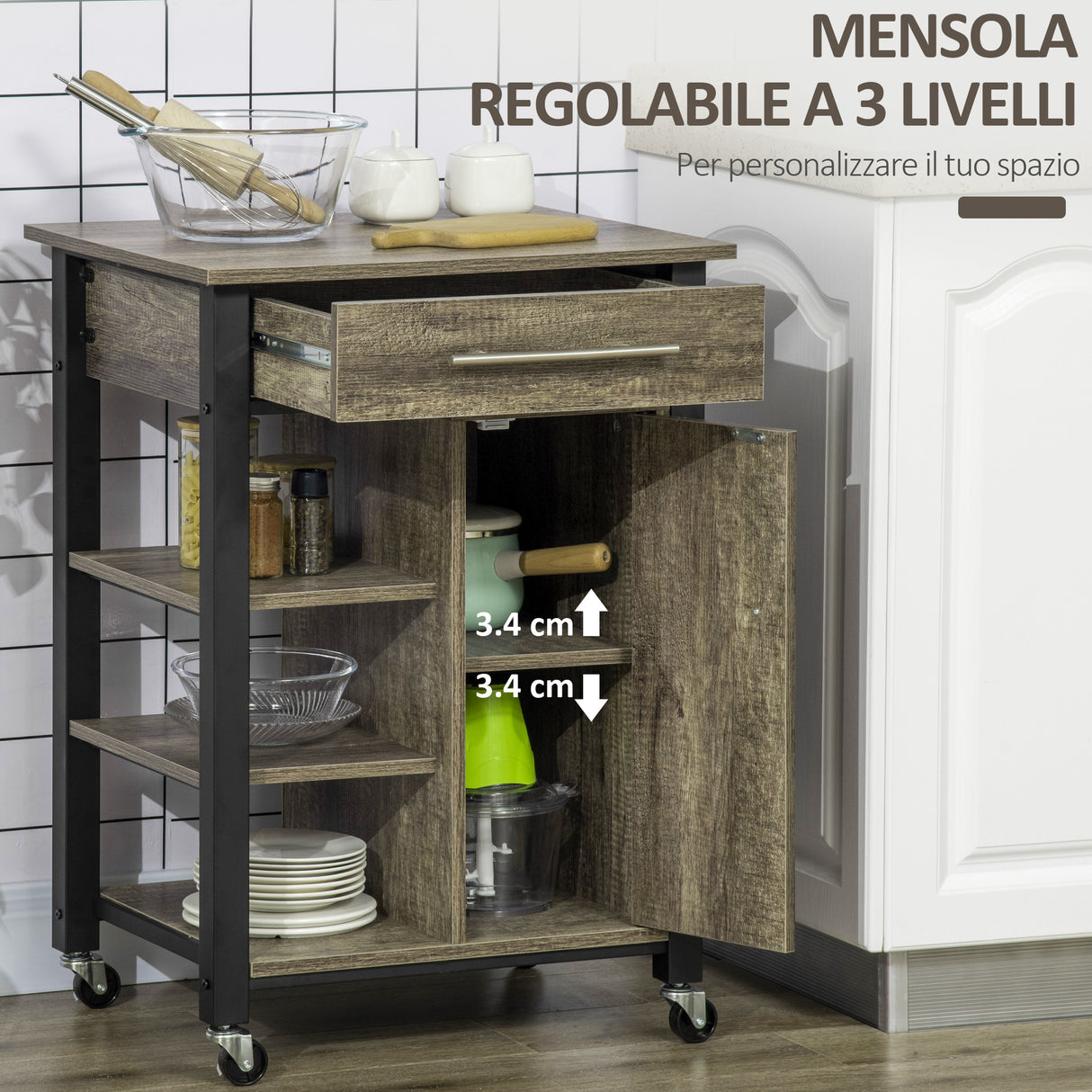 easycomfort easycomfort carrello da cucina portavivande con ruote legno truciolato 60x50x84.5cm marrone
