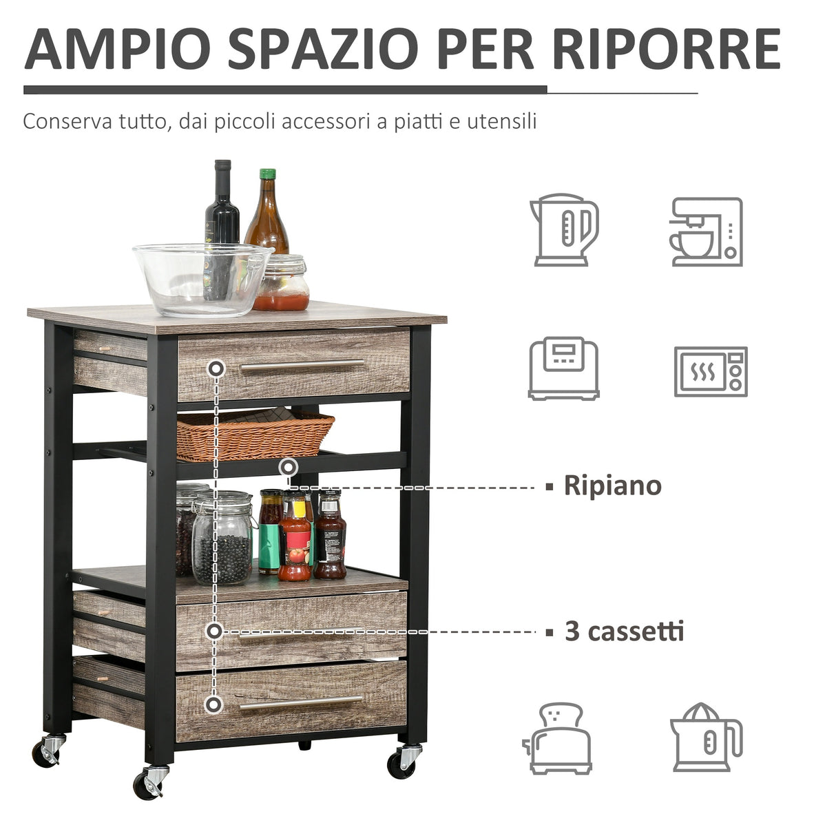 easycomfort easycomfort carrello da cucina portavivande legno truciolato 60x50x84.5cm marrone