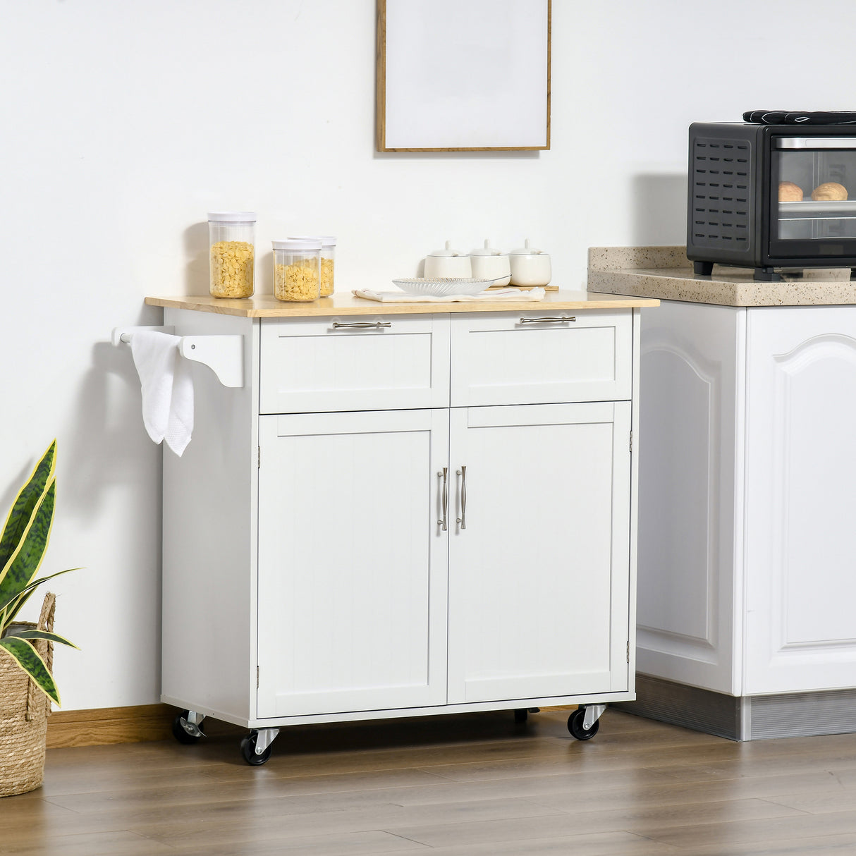 easycomfort easycomfort carrello da cucina multiuso in legno con 2 cassetti armadietto e 4 ruote 104x46x91cm bianco