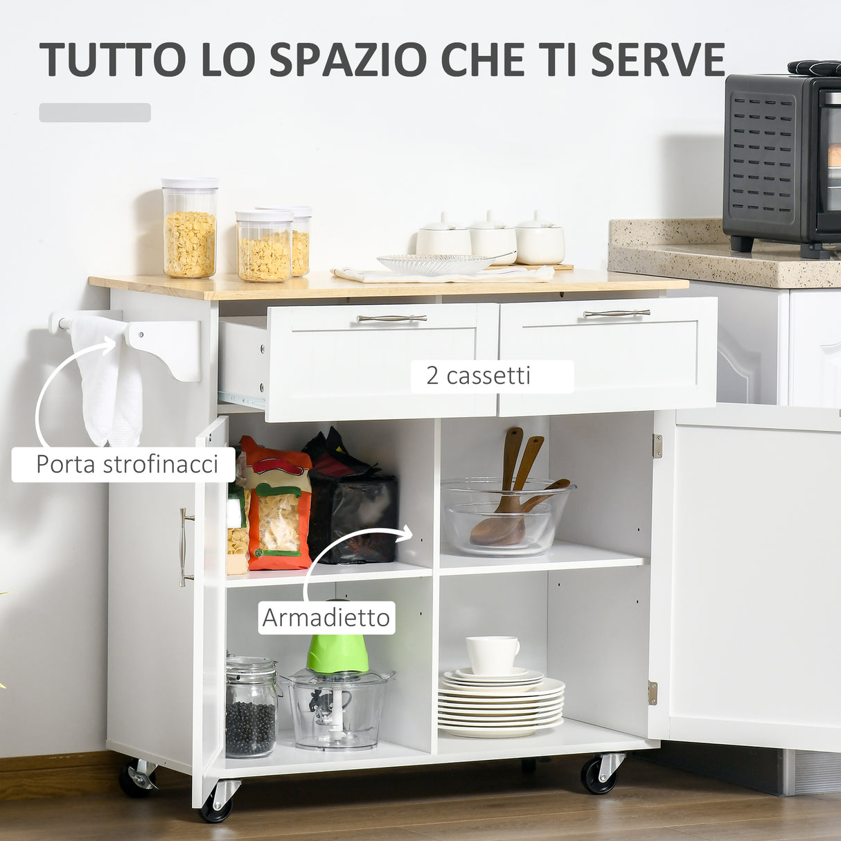 easycomfort easycomfort carrello da cucina multiuso in legno con 2 cassetti armadietto e 4 ruote 104x46x91cm bianco