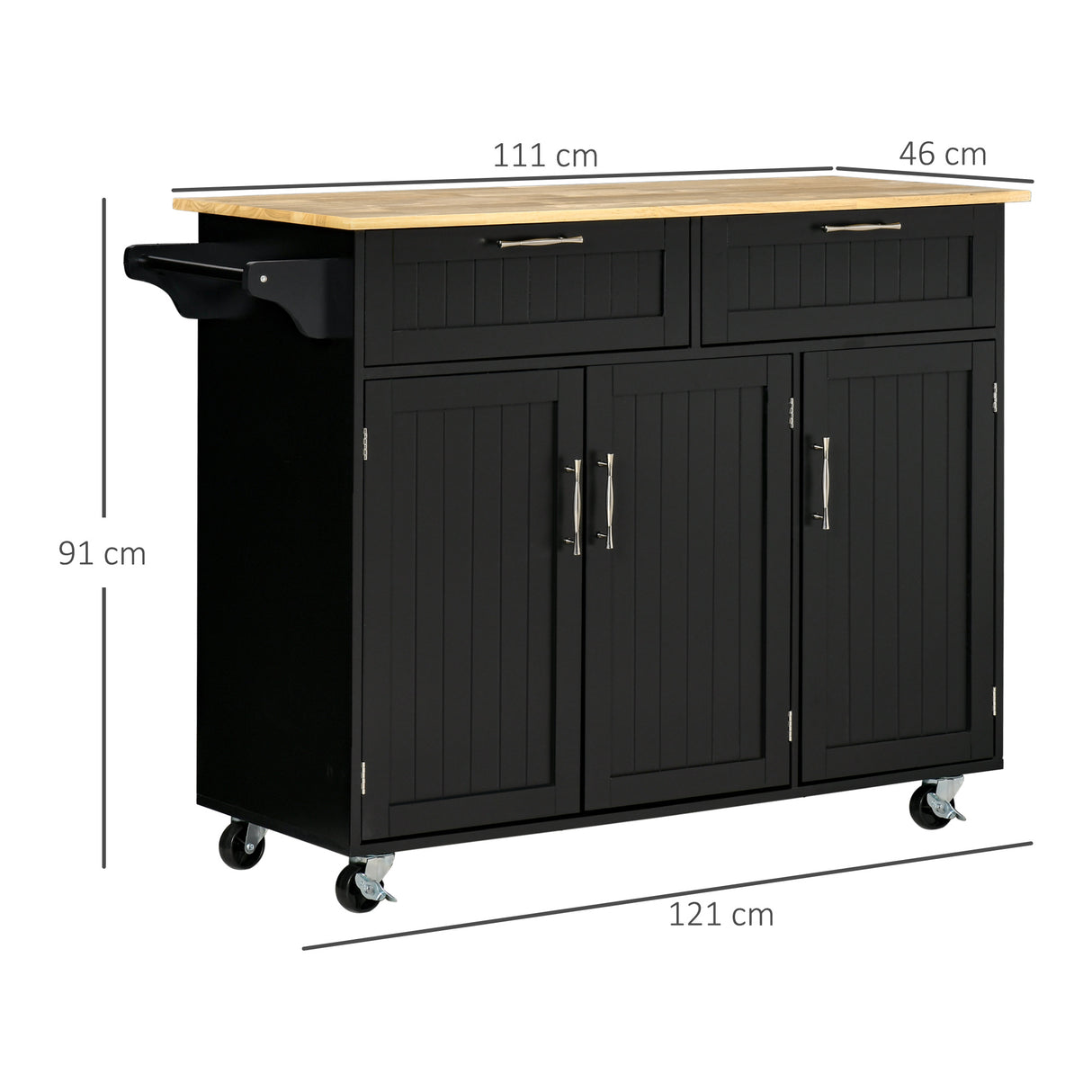 easycomfort easycomfort carrello da cucina in legno con 2 cassetti armadietto 3 ante e 4 ruote 121x46x91cm nero
