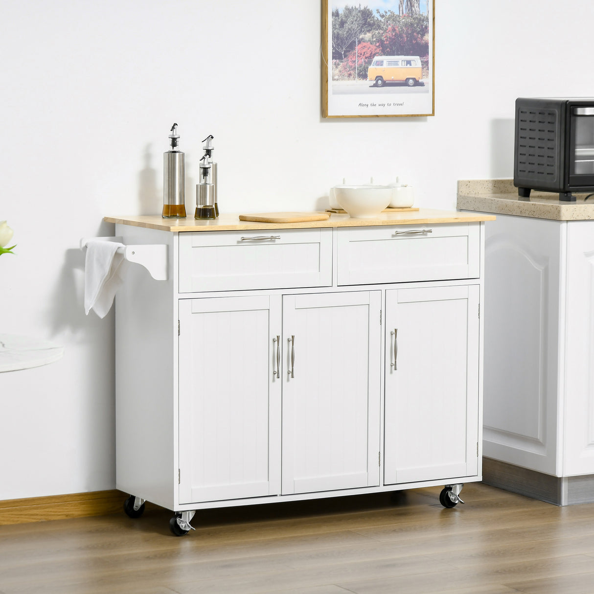 easycomfort easycomfort carrello da cucina multiuso con 2 cassetti 3 antine e 4 ruote in legno e mdf 121x46x91cm bianco