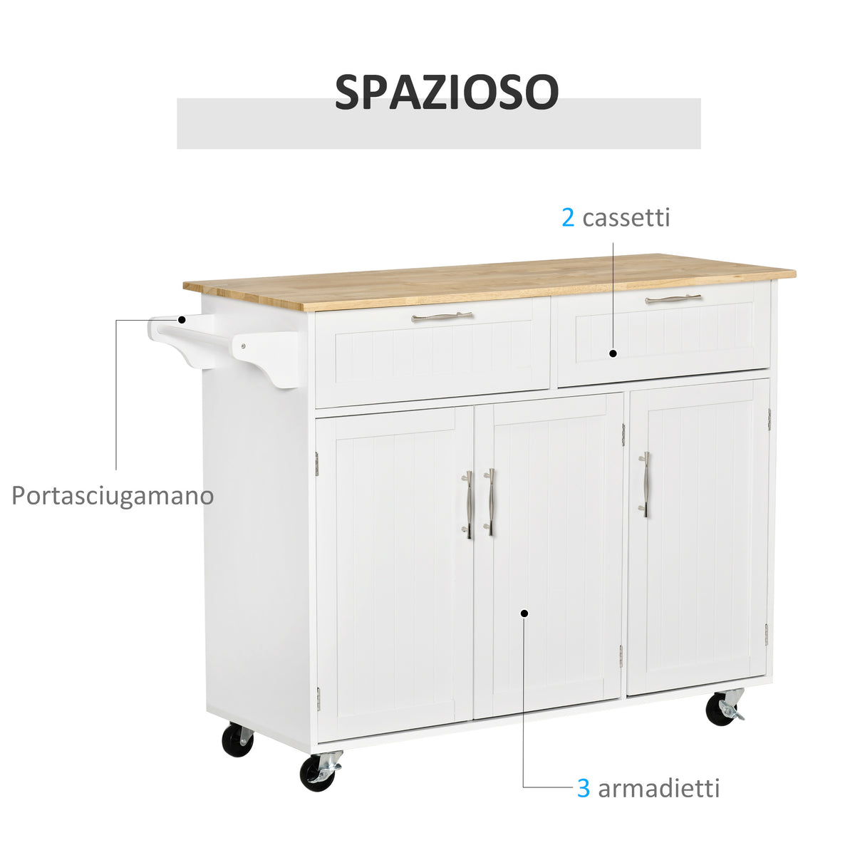 easycomfort easycomfort carrello da cucina multiuso con 2 cassetti 3 antine e 4 ruote in legno e mdf 121x46x91cm bianco