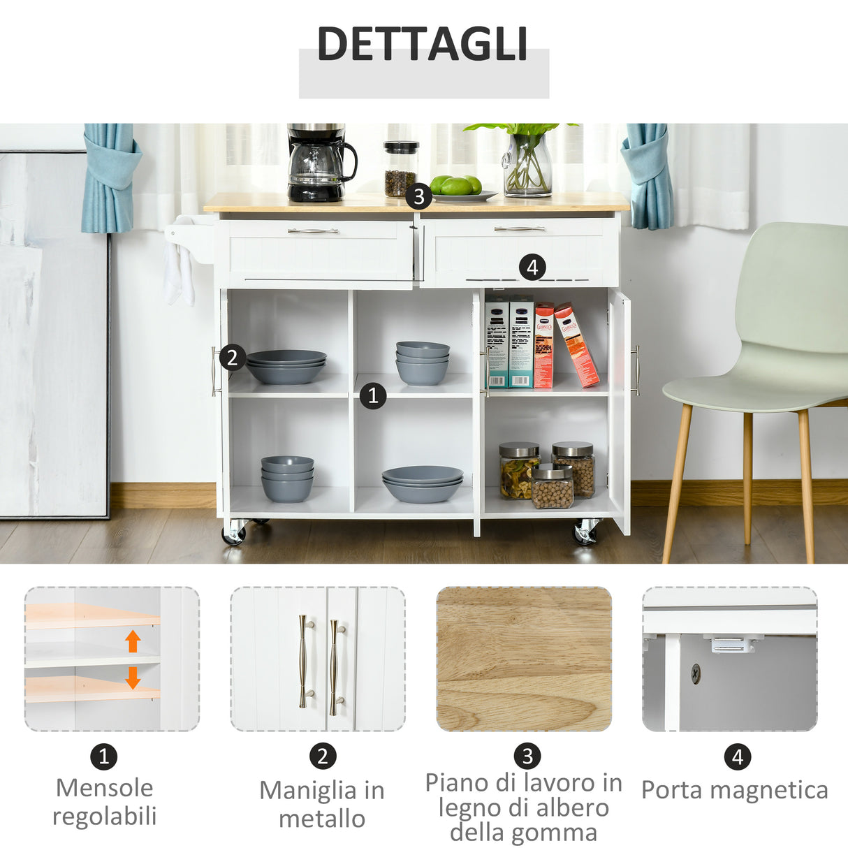 easycomfort easycomfort carrello da cucina multiuso con 2 cassetti 3 antine e 4 ruote in legno e mdf 121x46x91cm bianco