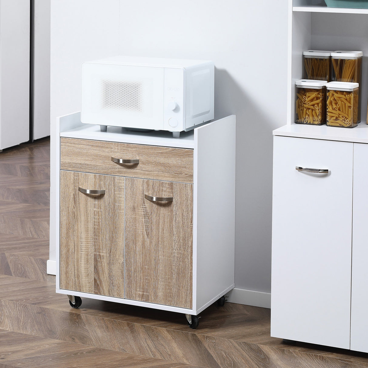 easycomfort easycomfort carrello da cucina portavivande per microonde con cassetto armadietto e 4 ruote in legno 60x40x77cm biancorovere