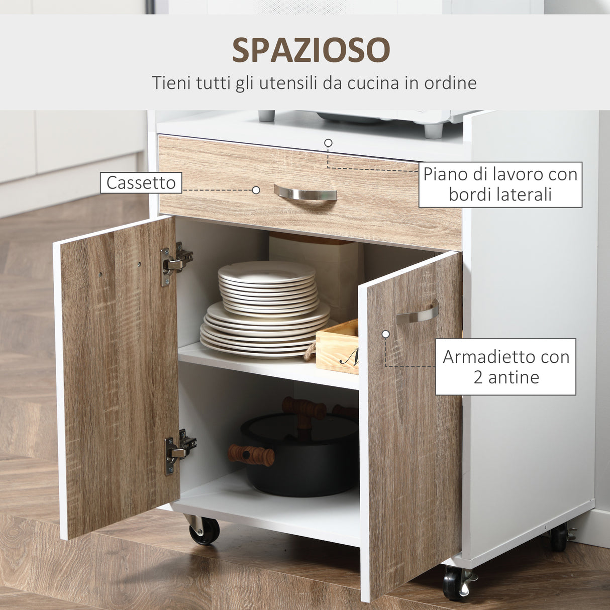 easycomfort easycomfort carrello da cucina portavivande per microonde con cassetto armadietto e 4 ruote in legno 60x40x77cm biancorovere