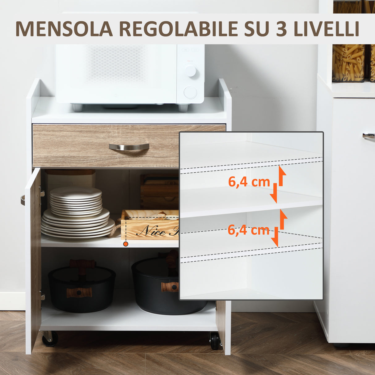 easycomfort easycomfort carrello da cucina portavivande per microonde con cassetto armadietto e 4 ruote in legno 60x40x77cm biancorovere