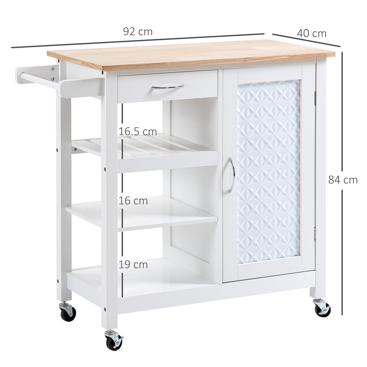 easycomfort easycomfort carrello da cucina con 1 cassetto 1 armadietto e 1 ripiano a 3 livelli 92x40x84cm bianco