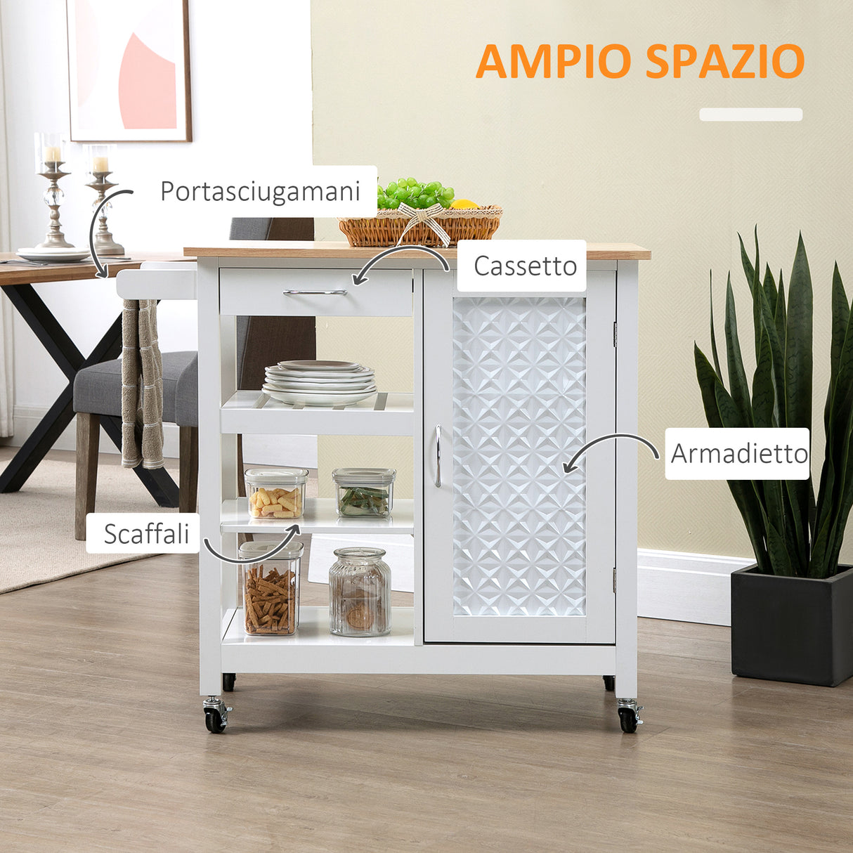 easycomfort easycomfort carrello da cucina con 1 cassetto 1 armadietto e 1 ripiano a 3 livelli 92x40x84cm bianco