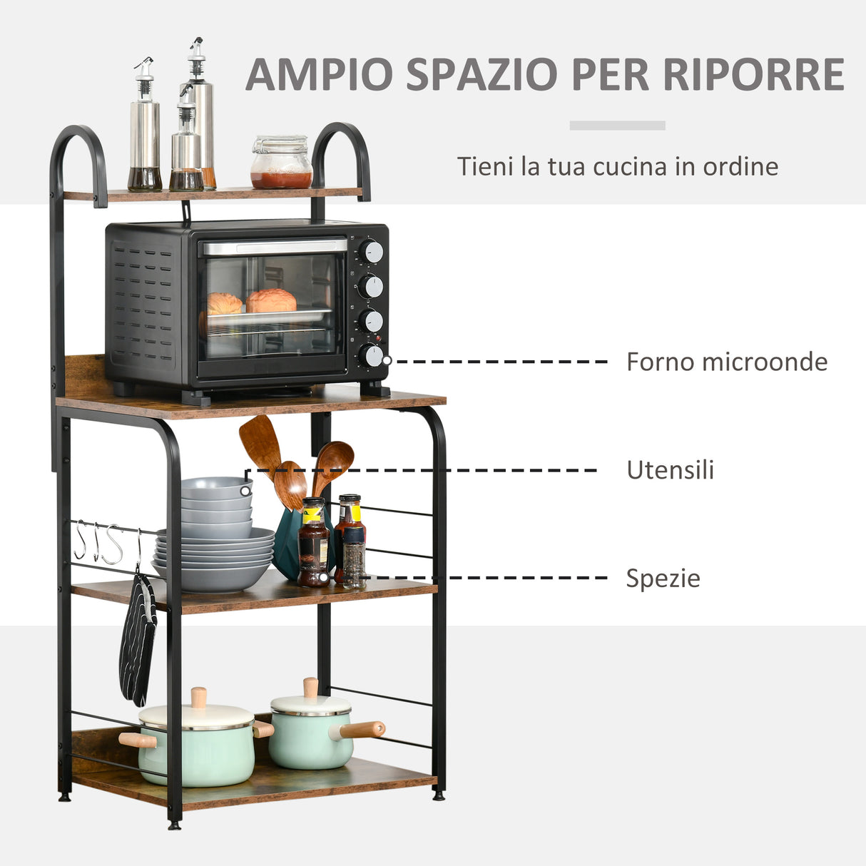 easycomfort easycomfort mobile cucina 4 ripiani e ganci in acciaio e legno 60x40x125cm legno