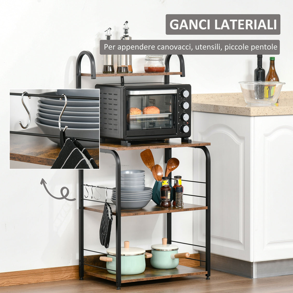 easycomfort easycomfort mobile cucina 4 ripiani e ganci in acciaio e legno 60x40x125cm legno