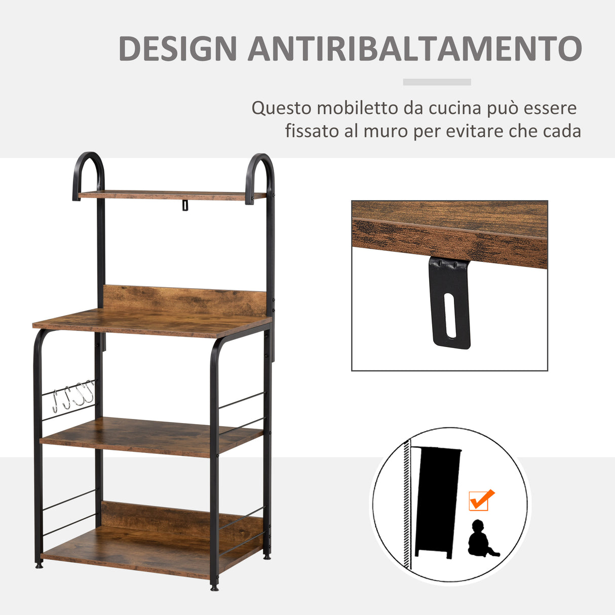 easycomfort easycomfort mobile cucina 4 ripiani e ganci in acciaio e legno 60x40x125cm legno