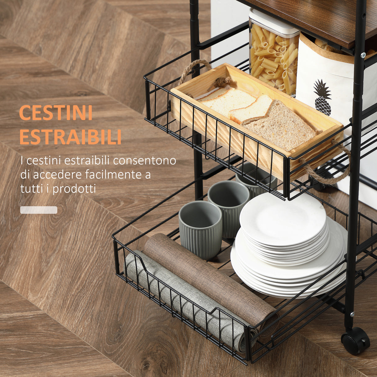 easycomfort easycomfort carrello da cucina con 2 cesti estraibili in metallo 2 ripiani in legno truciolato e ganci laterali 40x38x111cm