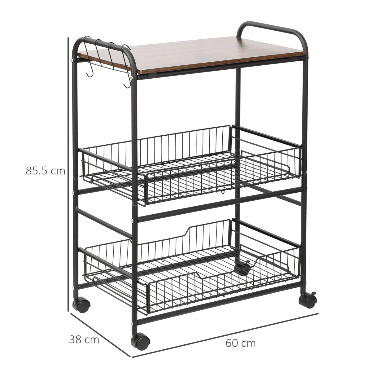 easycomfort easycomfort carrello da cucina portavivande stile industriale con 4 ruote 2 cestini e 4 ganci 60x38x85.5cm marronenero