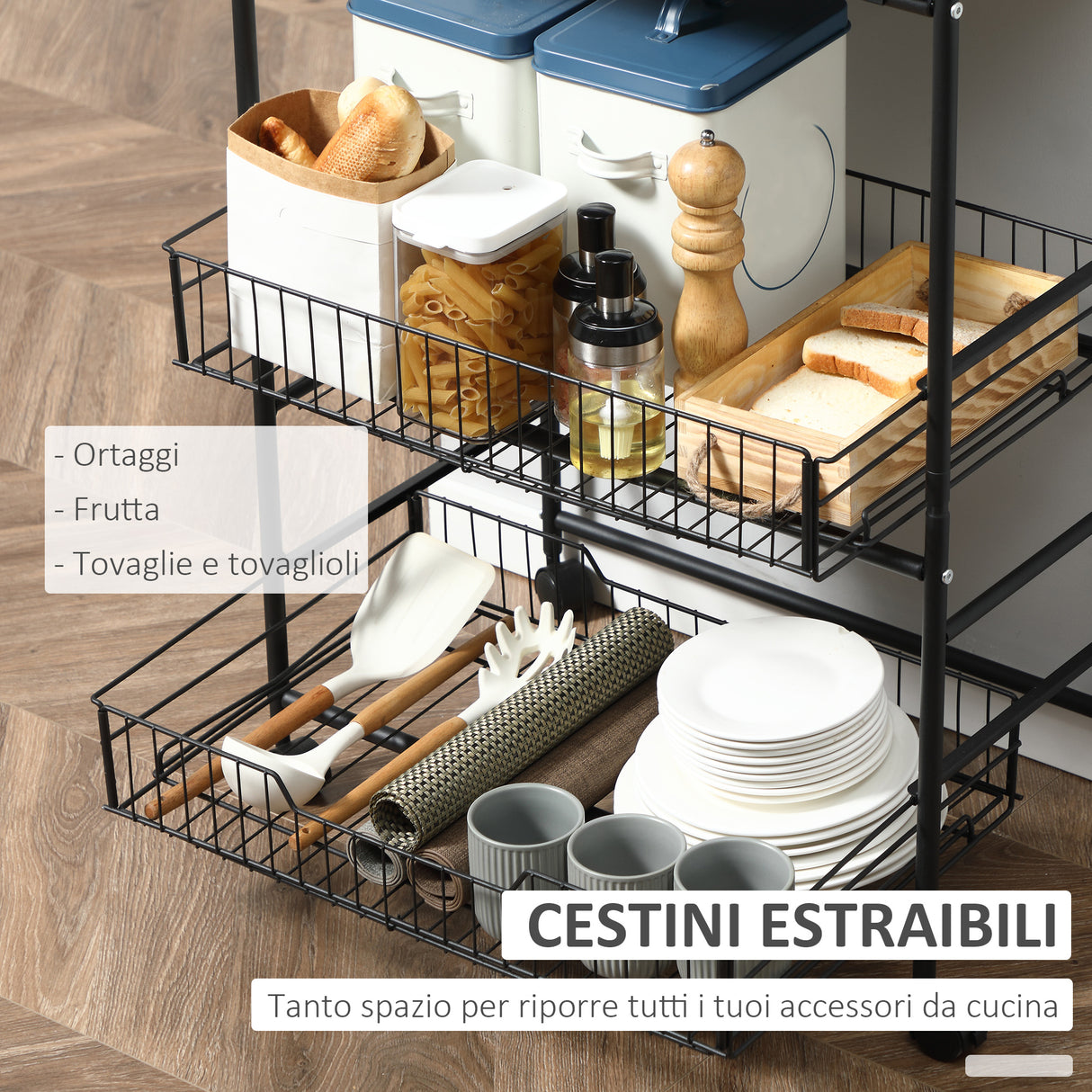 easycomfort easycomfort carrello da cucina portavivande stile industriale con 4 ruote 2 cestini e 4 ganci 60x38x85.5cm marronenero