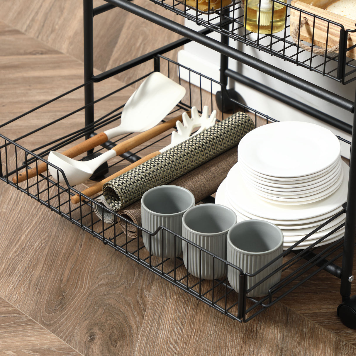 easycomfort easycomfort carrello da cucina portavivande stile industriale con 4 ruote 2 cestini e 4 ganci 60x38x85.5cm marronenero