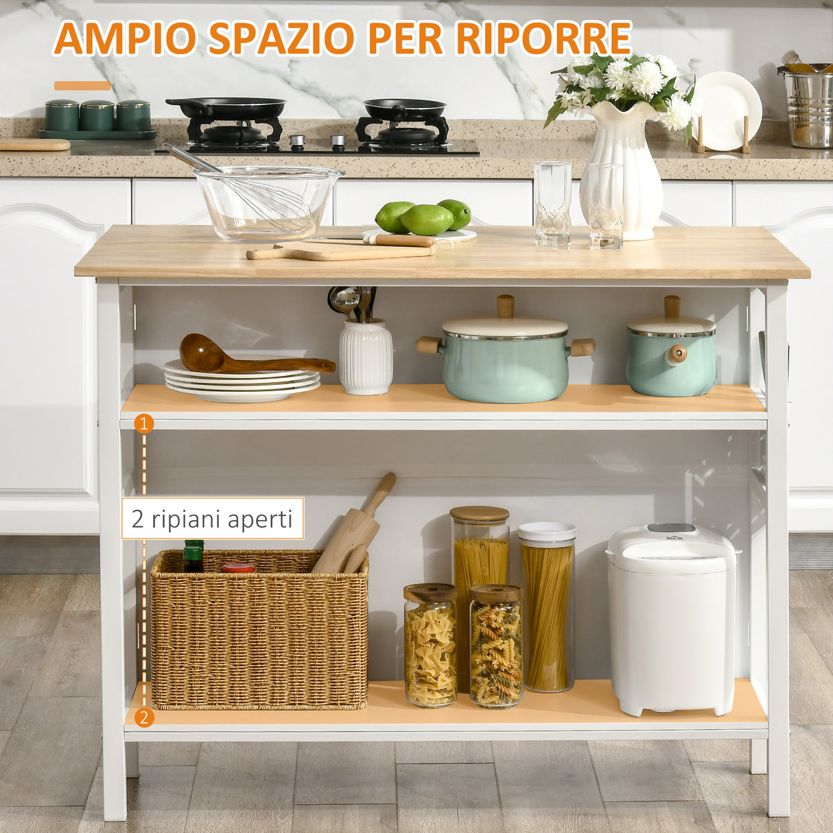 easycomfort easycomfort isola cucina con piano di lavoro pieghevole e 2 ripiani in legno e acciaio 120x76x91 5cm bianco