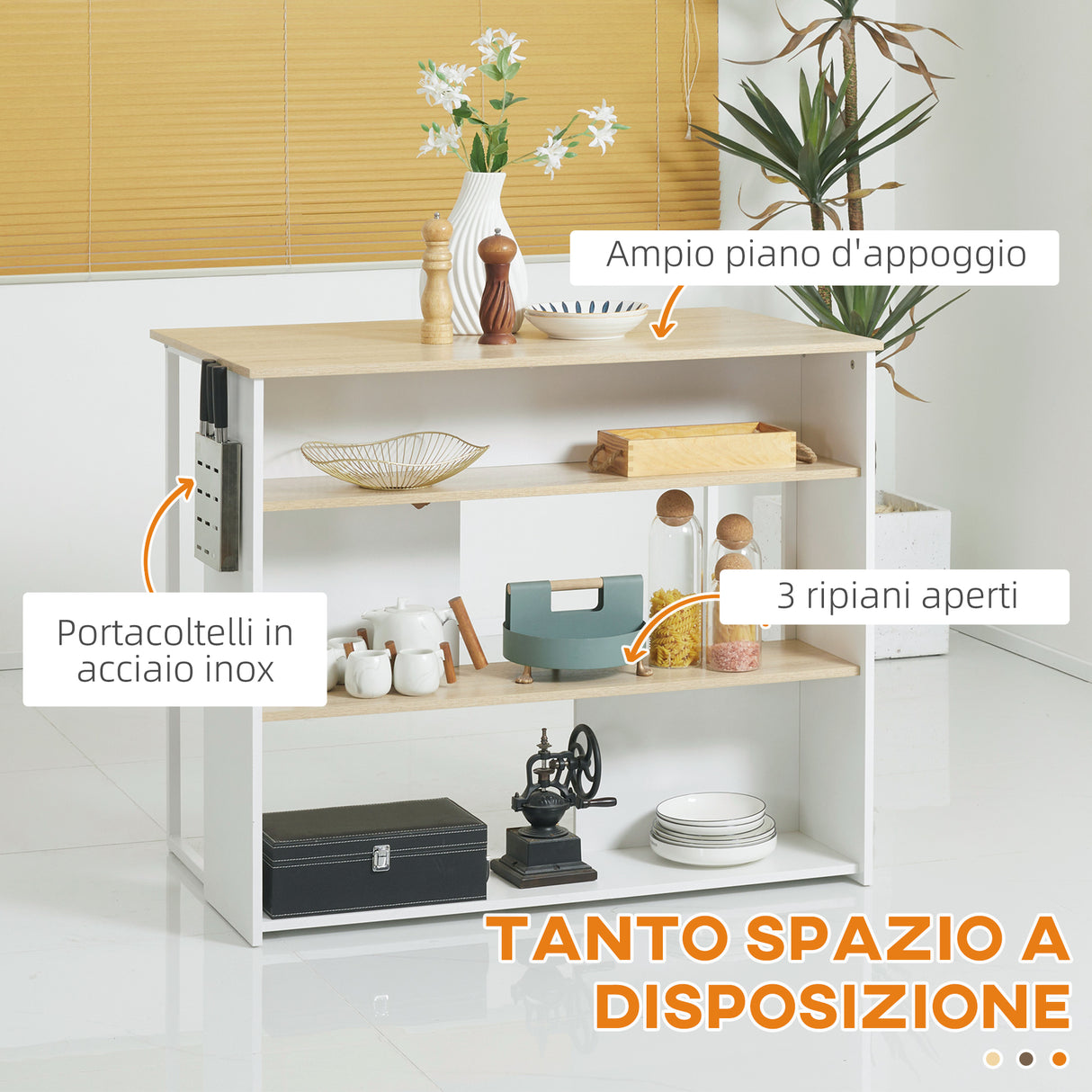 easycomfort easycomfort isola da cucina con 3 ripiani in stile moderno e porta coltelli in acciaio 105x65x90 cm bianco