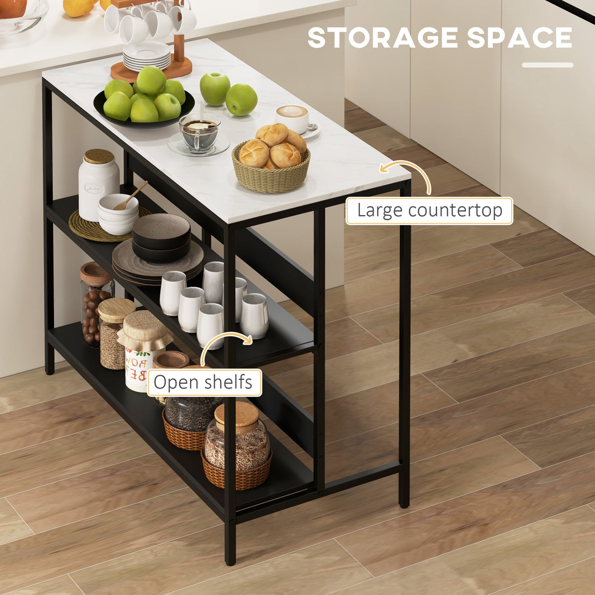 easycomfort easycomfort isola da cucina con mensole piano effetto marmo e struttura in metallo 100x50x90cm nero e bianco