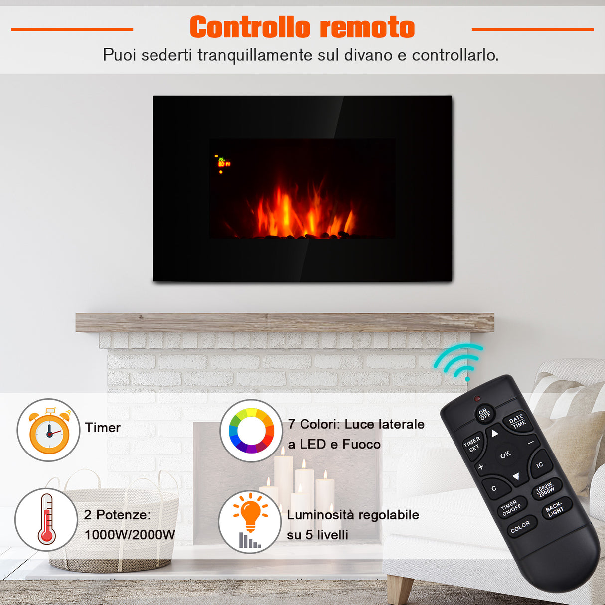 easycomfort easycomfort camino elettrico da parete o terra 2000w con fiamma led 7 colori nero 90x56x9.5cm ean 8054144134482