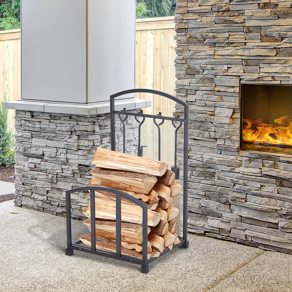 easycomfort easycomfort portalegna da interno ed esterno in metallo con ganci e 4 attrezzi per camino inclusi nero