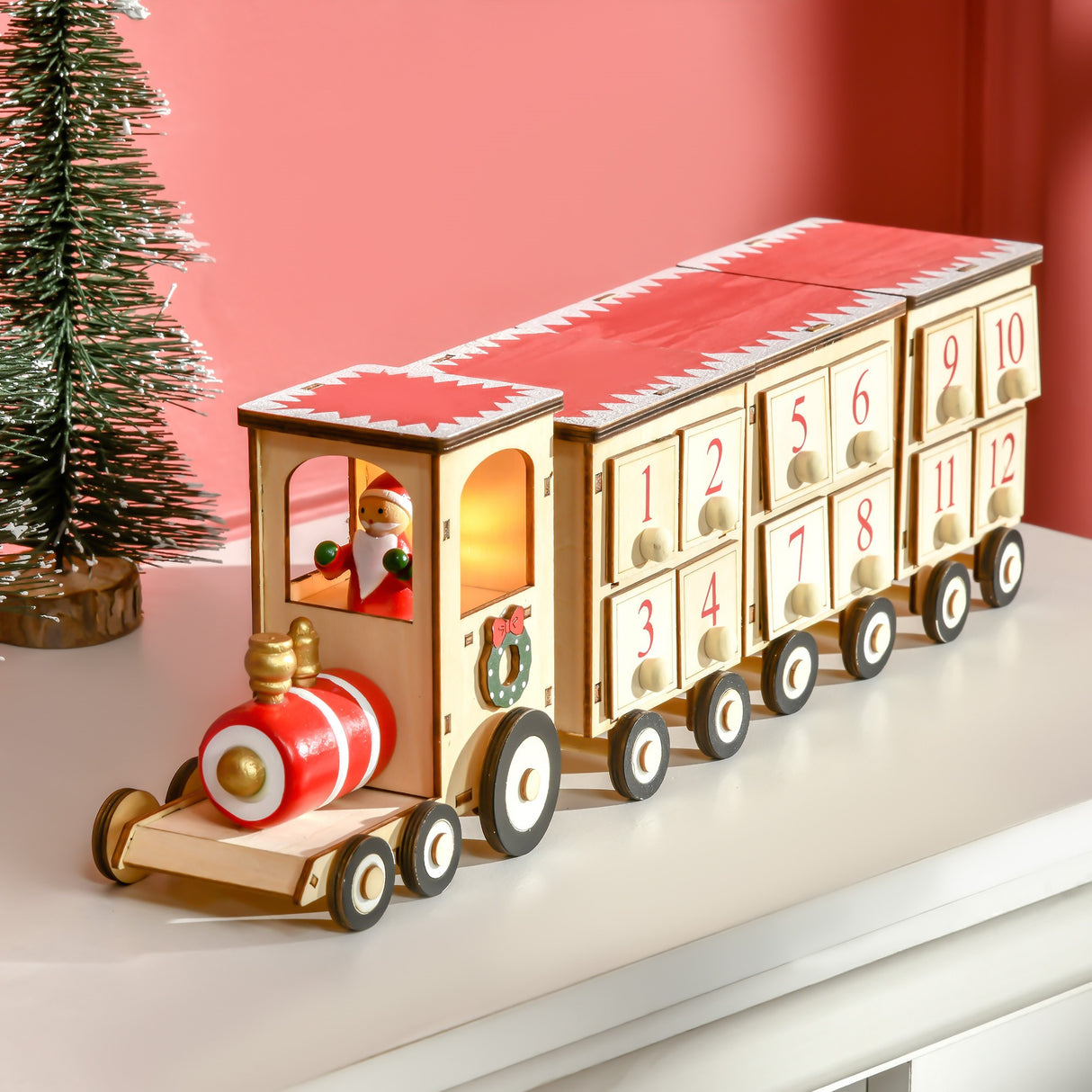 easycomfort easycomfort calendario avvento di natale a forma di treno con babbo natale e luce led inclusa in compensato 40x8x11 cm