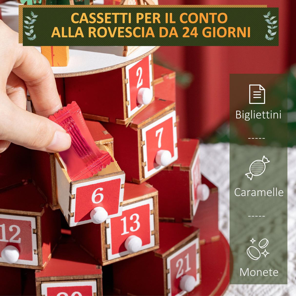 easycomfort easycomfort calendario avvento di natale a cono con motivi a tema e 10 luci a led 22x22x35 cm in compensato rosso verde e giallo