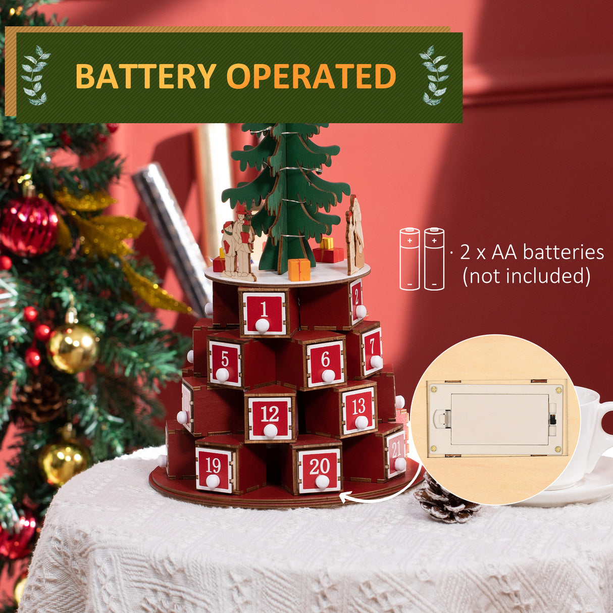 easycomfort easycomfort calendario avvento di natale a cono con motivi a tema e 10 luci a led 22x22x35 cm in compensato rosso verde e giallo