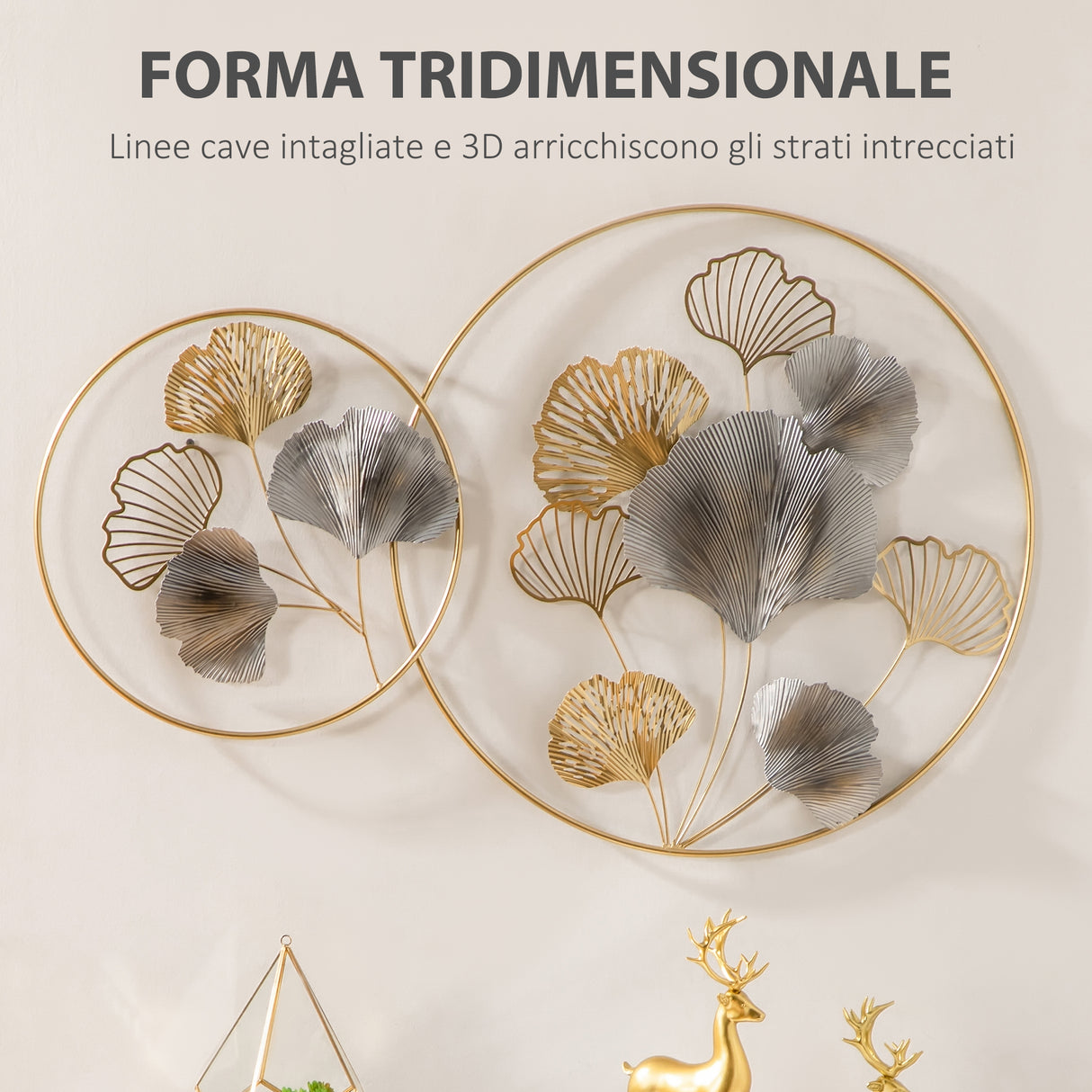 easycomfort easycomfort decorazione murale 3d in metallo wall art dorata con ginkgo in due cornici rotonde 138x70 cm oro e argento