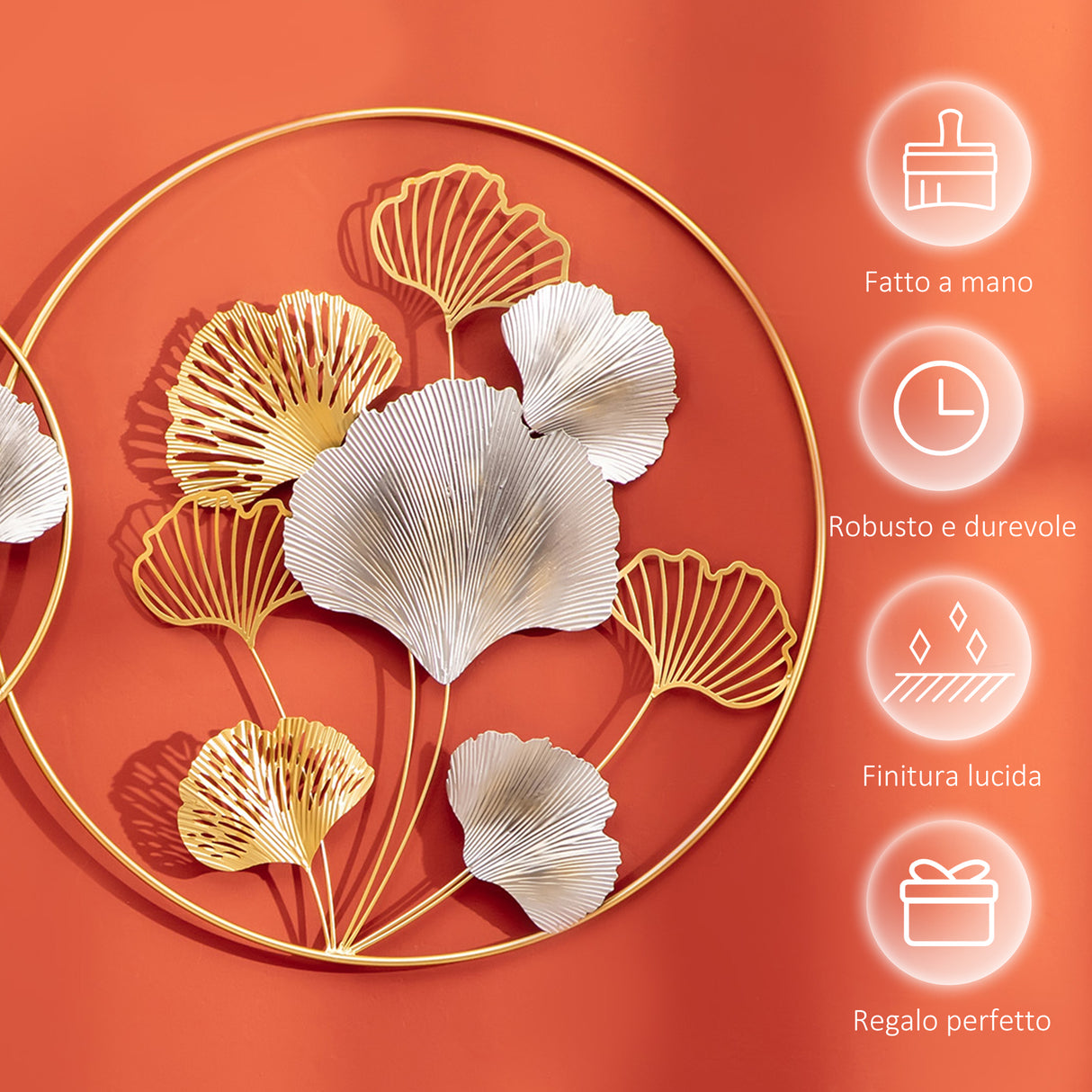 easycomfort easycomfort decorazione murale 3d in metallo wall art dorata con ginkgo in due cornici rotonde 138x70 cm oro e argento
