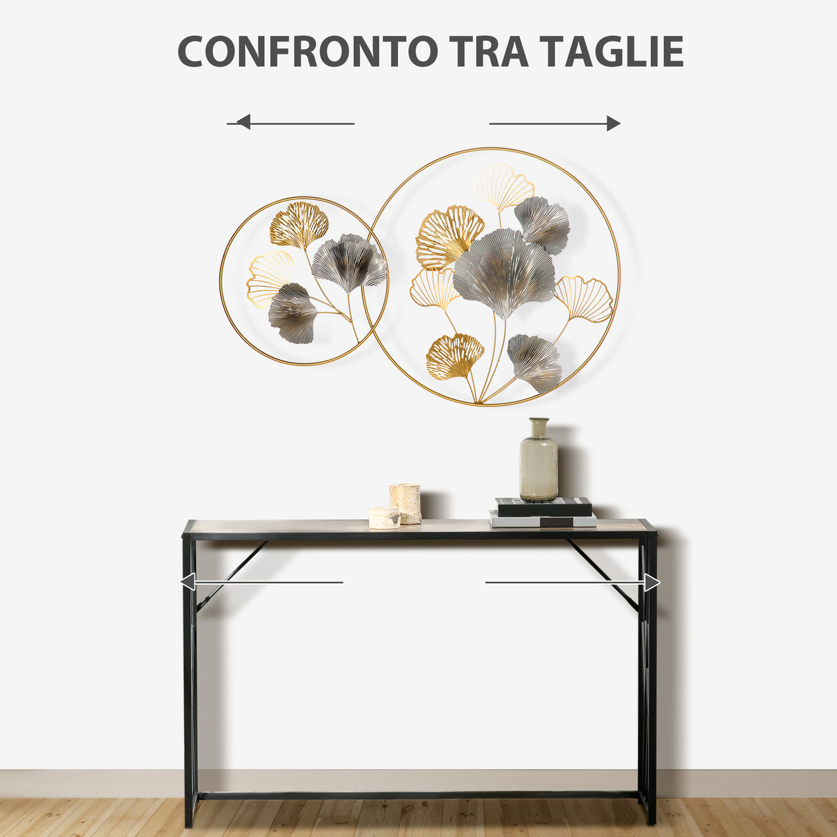 easycomfort easycomfort decorazione murale 3d in metallo wall art dorata con ginkgo in due cornici rotonde 138x70 cm oro e argento