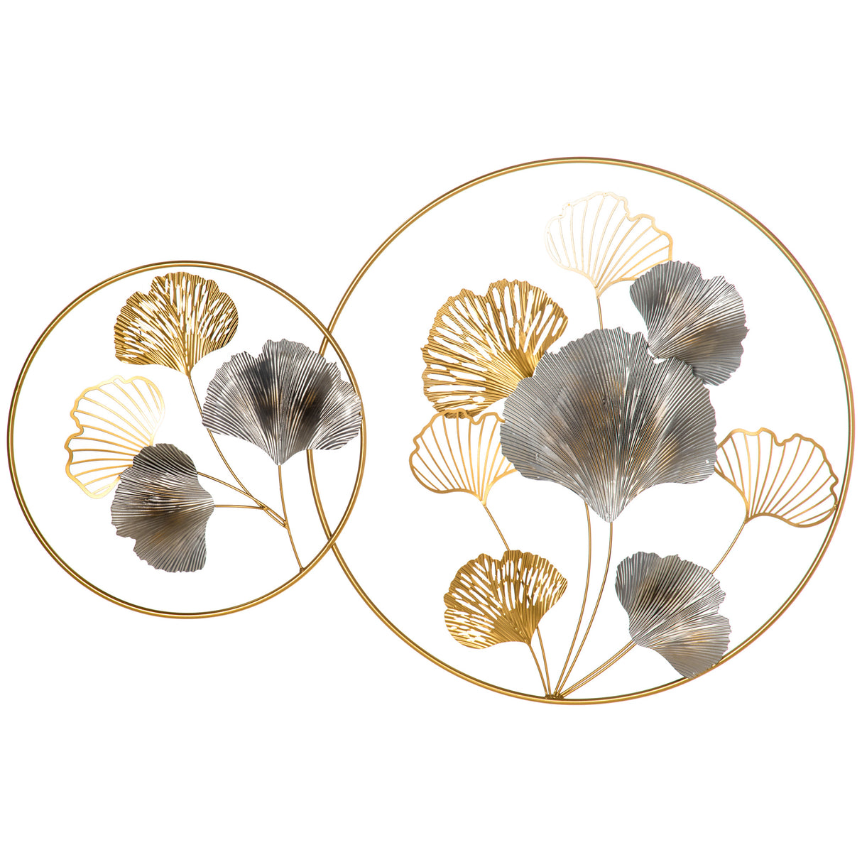 easycomfort easycomfort decorazione murale 3d in metallo wall art dorata con ginkgo in due cornici rotonde 138x70 cm oro e argento