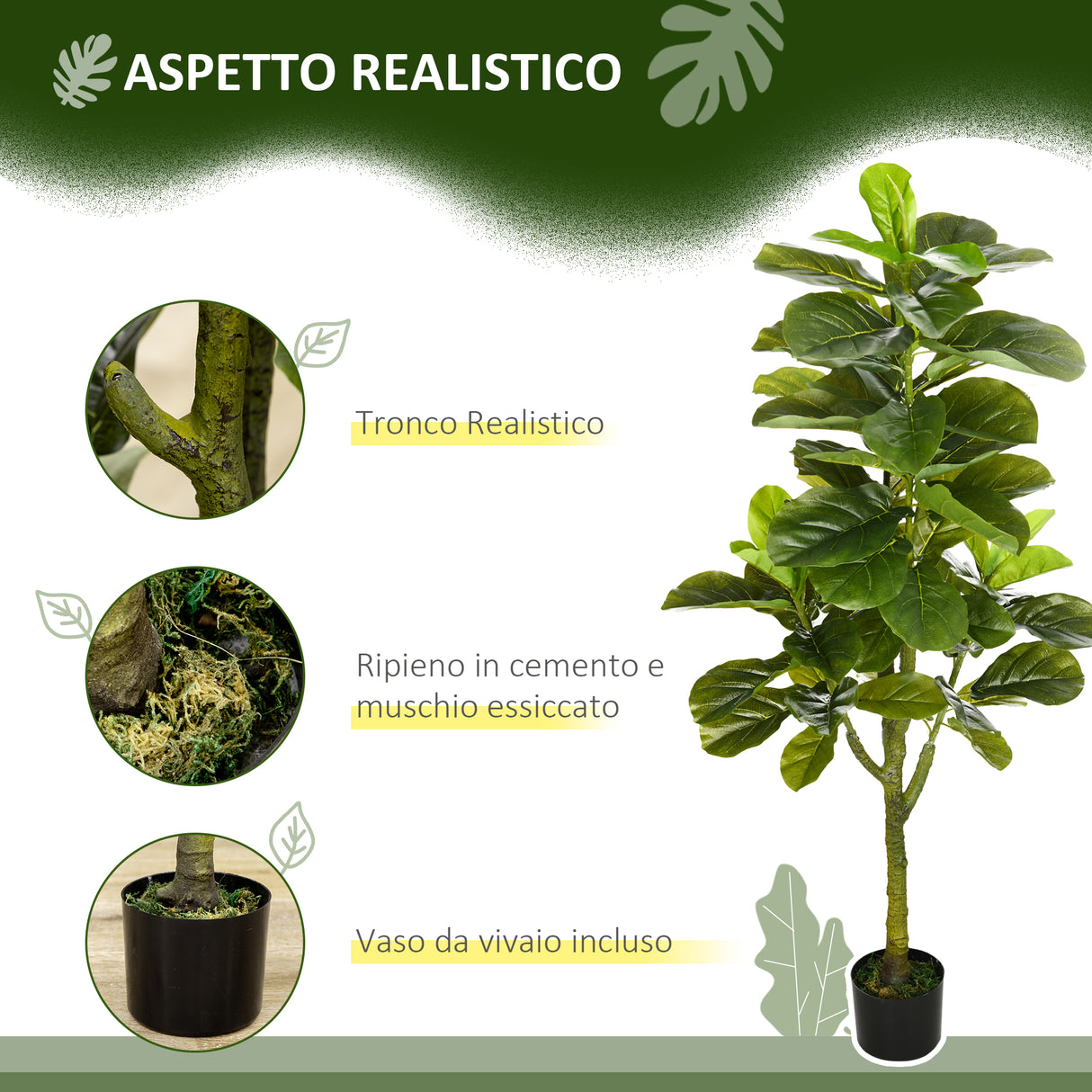easycomfort easycomfort pianta artificiale di ficus da 150 cm a 75 foglie e 4 rami con vaso 15x12 5 cm per interni ed esterni verde