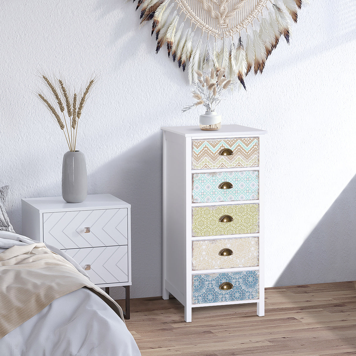 easycomfort easycomfort cassettiera mobiletto vintage con 5 cassetti fantasia 46x34x97.5cm