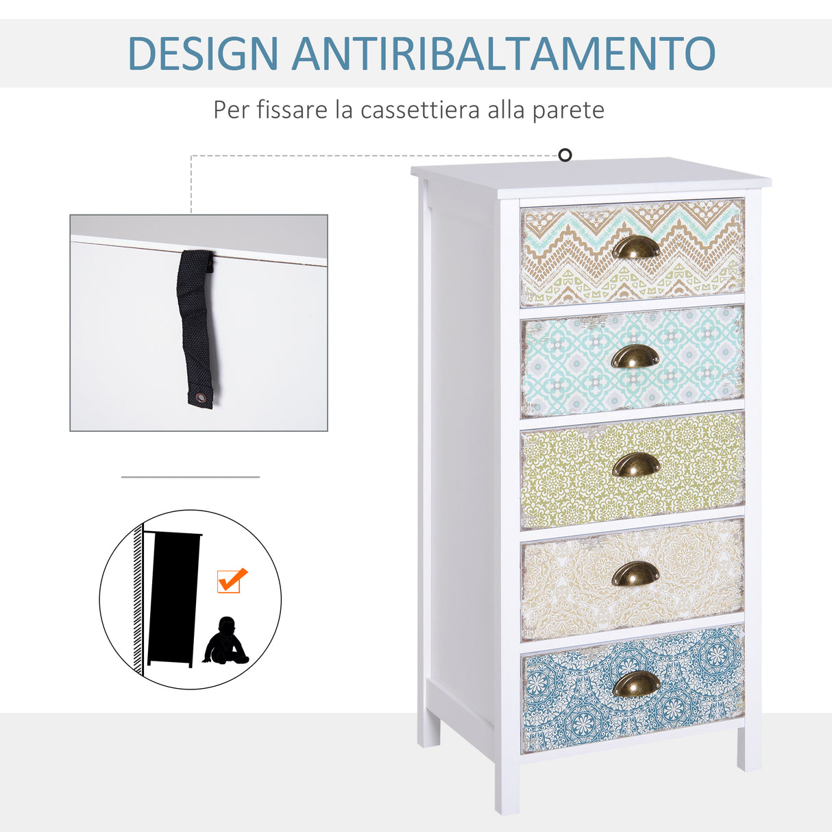 easycomfort easycomfort cassettiera mobiletto vintage con 5 cassetti fantasia 46x34x97.5cm