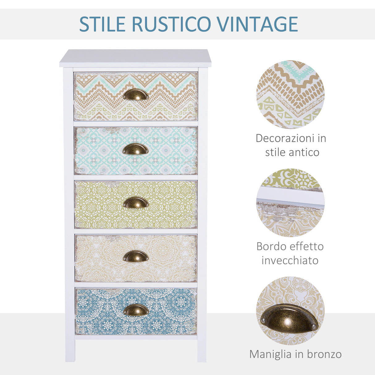 easycomfort easycomfort cassettiera mobiletto vintage con 5 cassetti fantasia 46x34x97.5cm