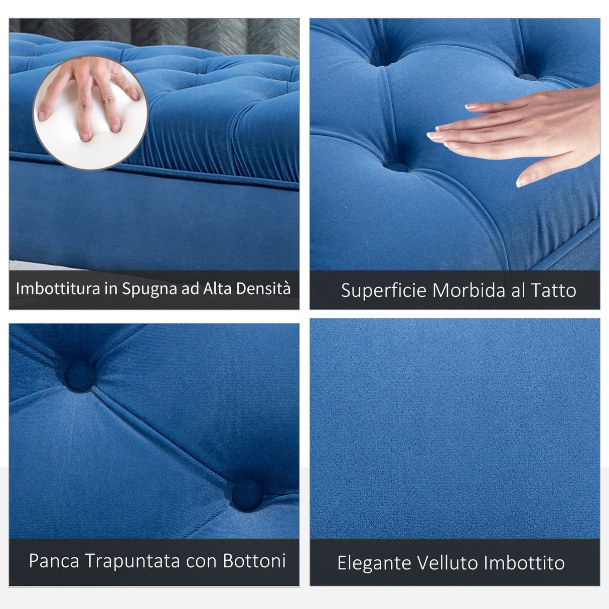 easycomfort easycomfort panca imbottita fondoletto in tessuto vellutato panca per camera da letto e ingresso con decorazione a trapunta piedini in metallo blu