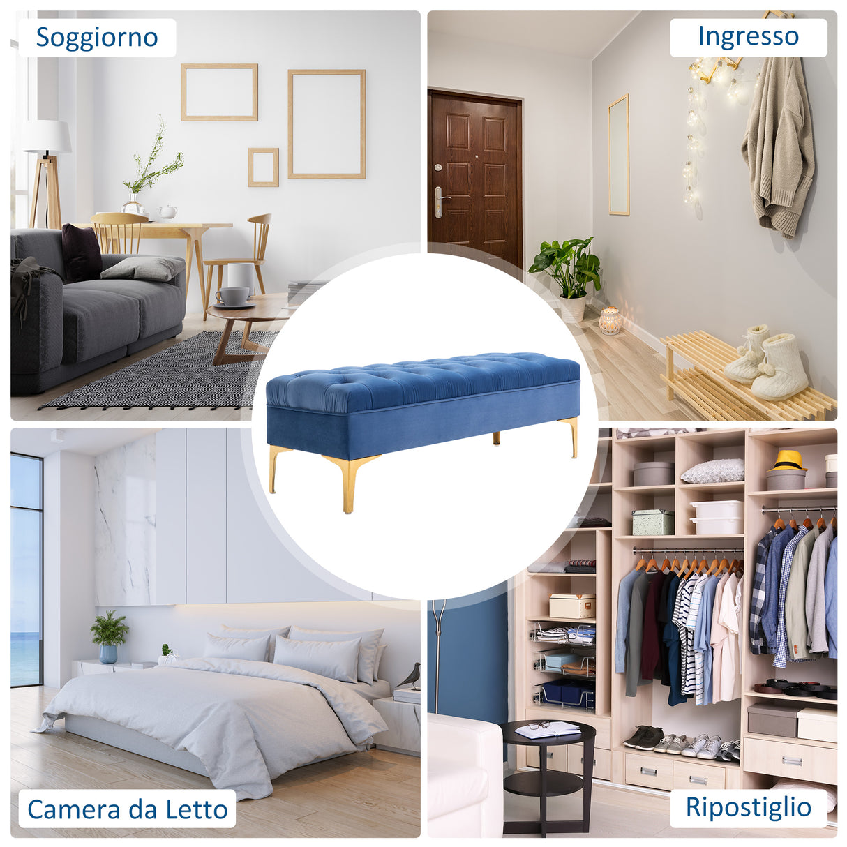 easycomfort easycomfort panca imbottita fondoletto in tessuto vellutato panca per camera da letto e ingresso con decorazione a trapunta piedini in metallo blu