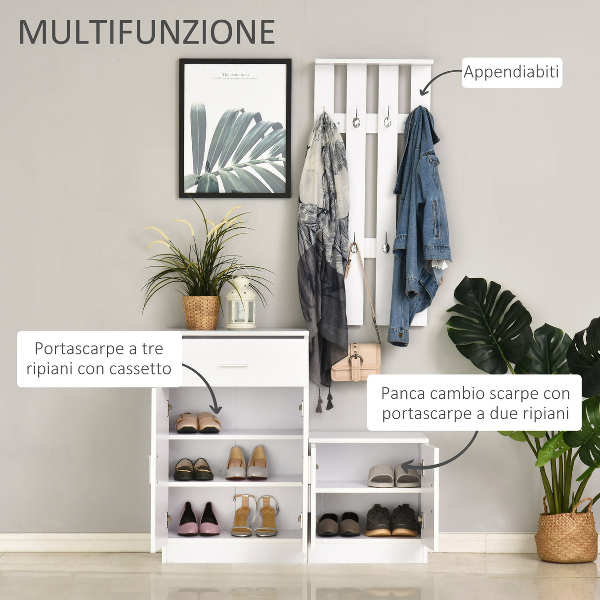 easycomfort easycomfort mobile per ingresso con scarpiera e appendiabiti in legno bianco 100x32x187cm