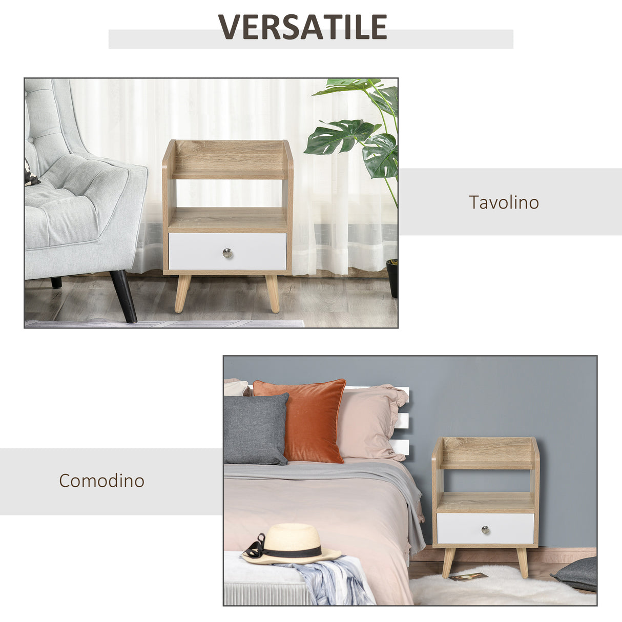 easycomfort easycomfort comodino salvaspazio mobiletto con cassetto e mensola in legno 37x30x48cm roverebianco