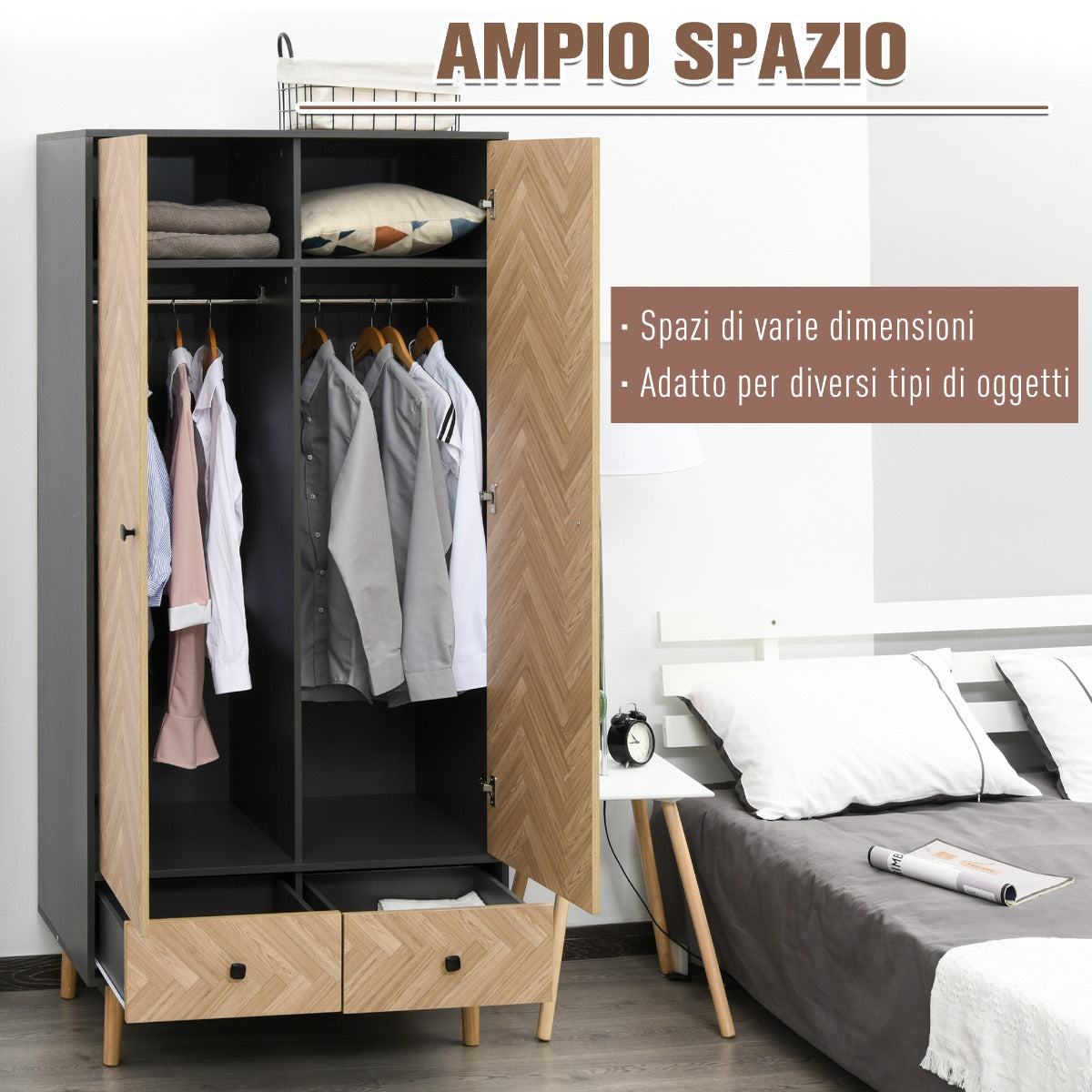 easycomfort easycomfort armadio a due ante in legno 4 vani 2 appendiabiti e cassetti grigio scuro