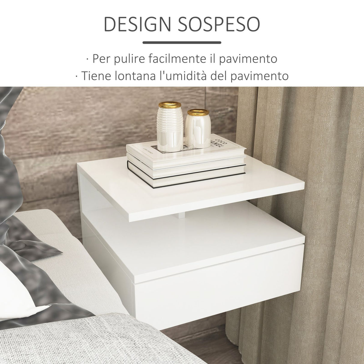 easycomfort easycomfort set da 2 comodini sospesi per camera da letto con cassetto e mensola superiore in legno 35x32x22.5cm bianco